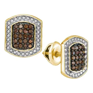 10K Yellow Gold Round Brown Color Enhanced Diamond Cluster Earrings 1/3 Cttw