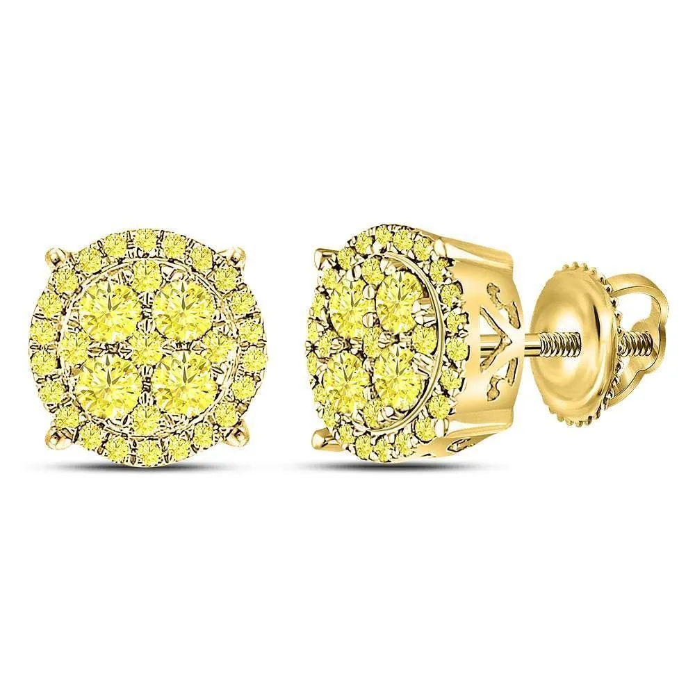 10K Yellow Gold Round Canary Diamond Cluster Stud Earrings 1.00 Cttw