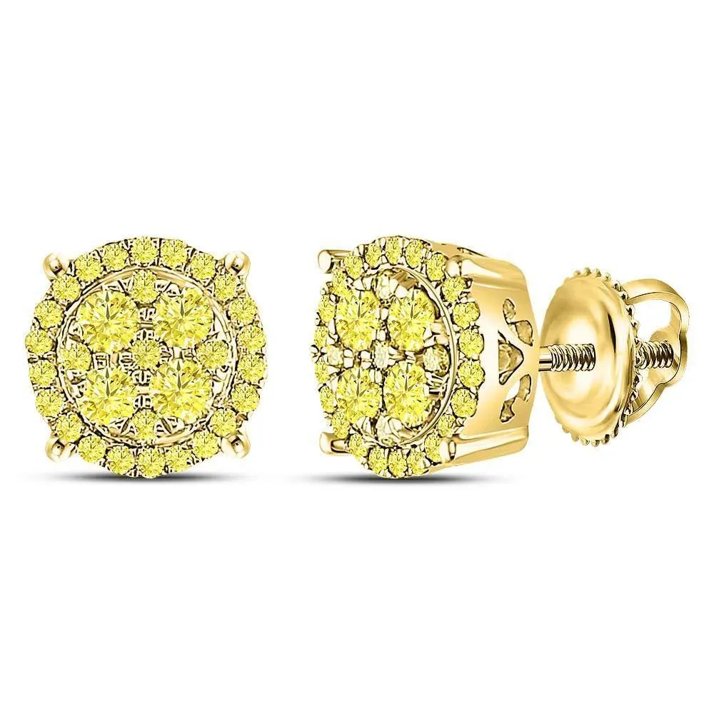 10K Yellow Gold Round Canary Diamond Concentric Cluster Stud Earrings 3/4 Cttw