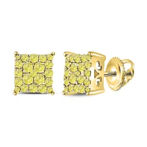 10K Yellow Gold Round Canary Diamond Square Cluster Stud Earrings 1/2 Cttw