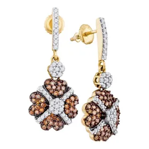 10K Yellow Gold Round Cognac-brown Color Enhanced Diamond Cluster Dangle Screwback Earrings 1.00 Cttw