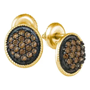 10K Yellow Gold Round Cognac-brown Color Enhanced Diamond Cluster Earrings 1/2 Cttw