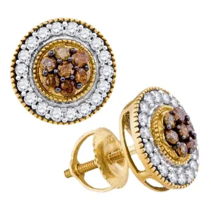 10K Yellow Gold Round Cognac-brown Color Enhanced Diamond Cluster Screwback Earrings 5/8 Cttw