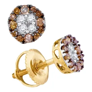 10K Yellow Gold Round Cognac-brown Color Enhanced Diamond Cluster Stud Earrings 1/3 Cttw