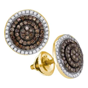 10K Yellow Gold Round Cognac-brown Color Enhanced Diamond Concentric Cluster Earrings 1/2 Cttw