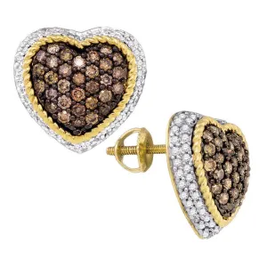 10K Yellow Gold Round Cognac-brown Color Enhanced Diamond Heart Cluster Earrings 1-1/3 Cttw