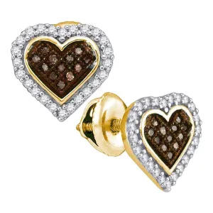 10K Yellow Gold Round Cognac-brown Color Enhanced Diamond Heart Cluster Earrings 1/4 Cttw
