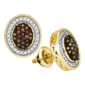 10K Yellow Gold Round Cognac-brown Color Enhanced Diamond Oval Frame Cluster Earrings 1/2 Cttw
