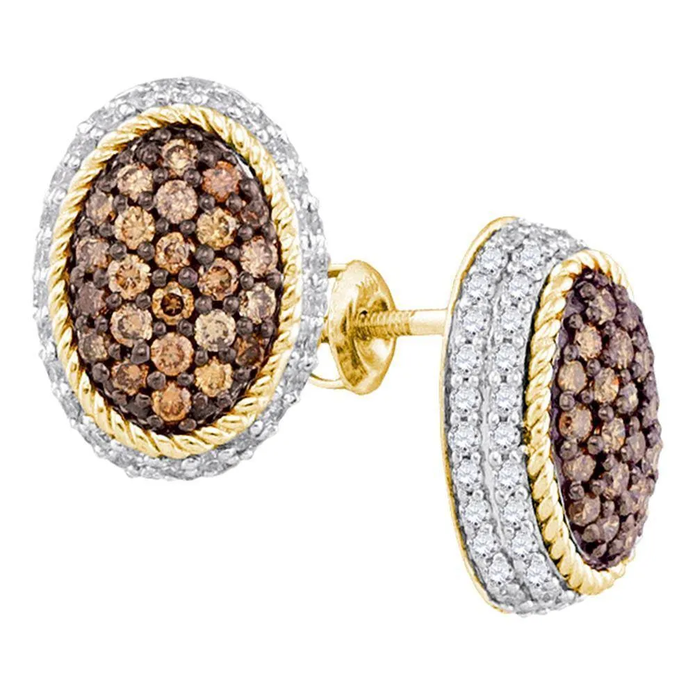 10K Yellow Gold Round Cognac-brown Color Enhanced Diamond Oval Rope Frame Cluster Earrings 2-1/2 Cttw
