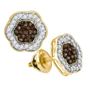 10K Yellow Gold Round Cognac-brown Color Enhanced Diamond Polygon Cluster Earrings 1/2 Cttw