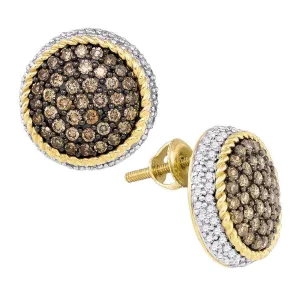 10K Yellow Gold Round Cognac-brown Color Enhanced Diamond Roped Cluster Earrings 1-1/3 Cttw