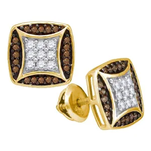 10K Yellow Gold Round Cognac-brown Color Enhanced Diamond Square Cluster Earrings 1/2 Cttw
