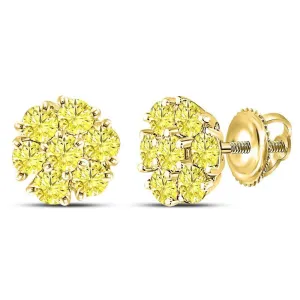 10K Yellow Gold Round Color Enhanced Diamond Cluster Earrings 1.00 Cttw