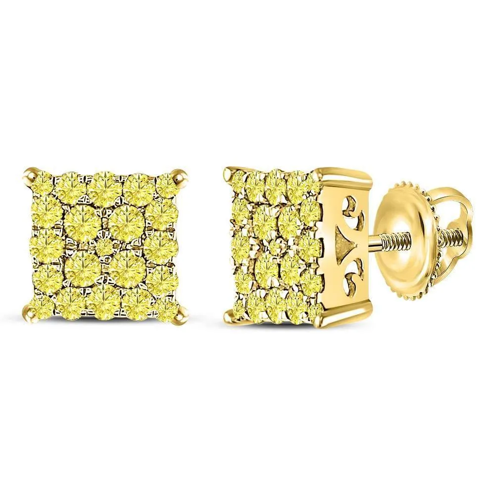 10K Yellow Gold Round Color Enhanced Diamond Square Cluster Earrings 1.00 Cttw