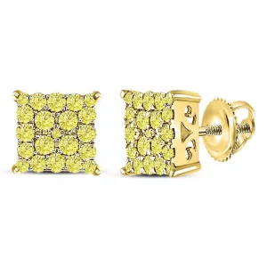 10K Yellow Gold Round Color Enhanced Diamond Square Cluster Earrings 1.00 Cttw