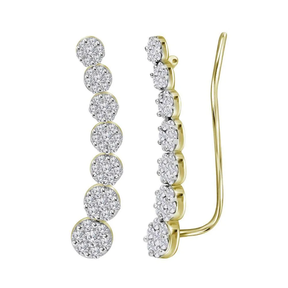 10K Yellow Gold Round Diamond Cluster Climber Earrings 1/2 Cttw