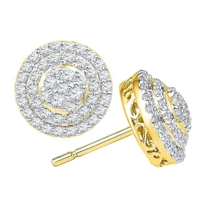 10K Yellow Gold Round Diamond Concentric Circle Layered Cluster Earrings 3/4 Cttw