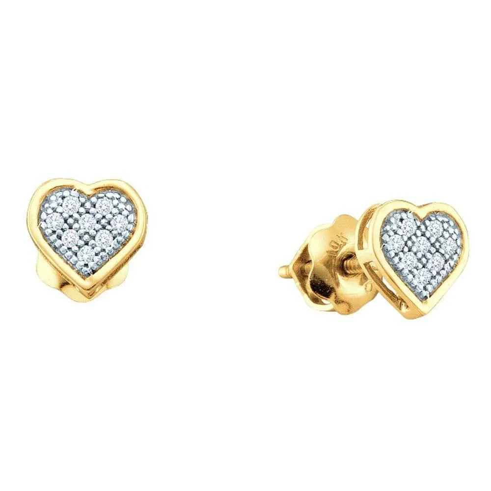 10K Yellow Gold Round Diamond Dainty Heart Cluster Screwback Earrings 1/20 Cttw