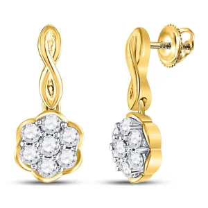 10K Yellow Gold Round Diamond Flower Cluster Dangle Earrings 1/2 Cttw