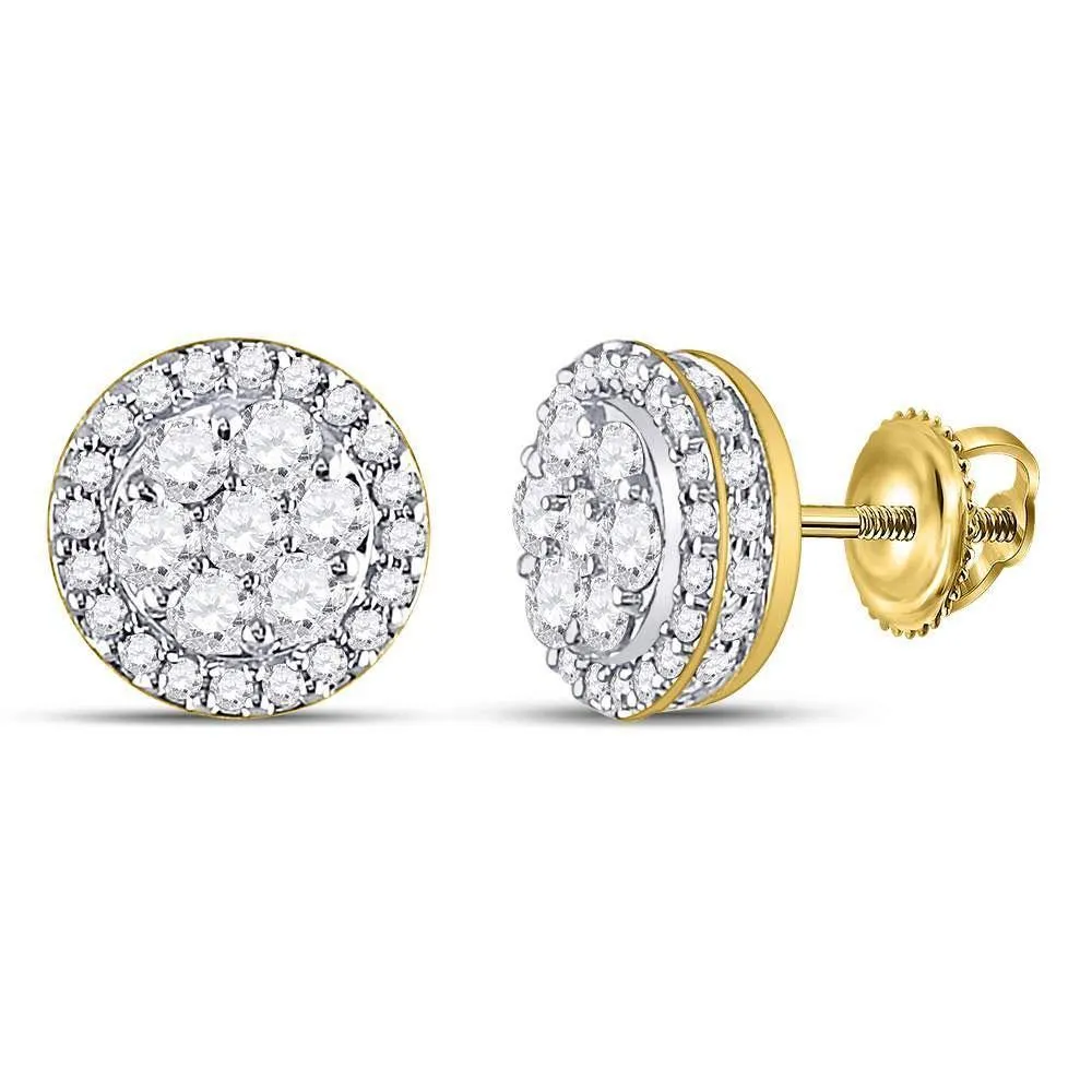10K Yellow Gold Round Diamond Flower Cluster Earrings 1.00 Cttw