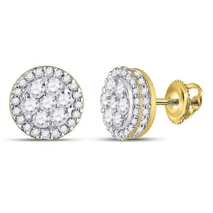 10K Yellow Gold Round Diamond Flower Cluster Earrings 1.00 Cttw
