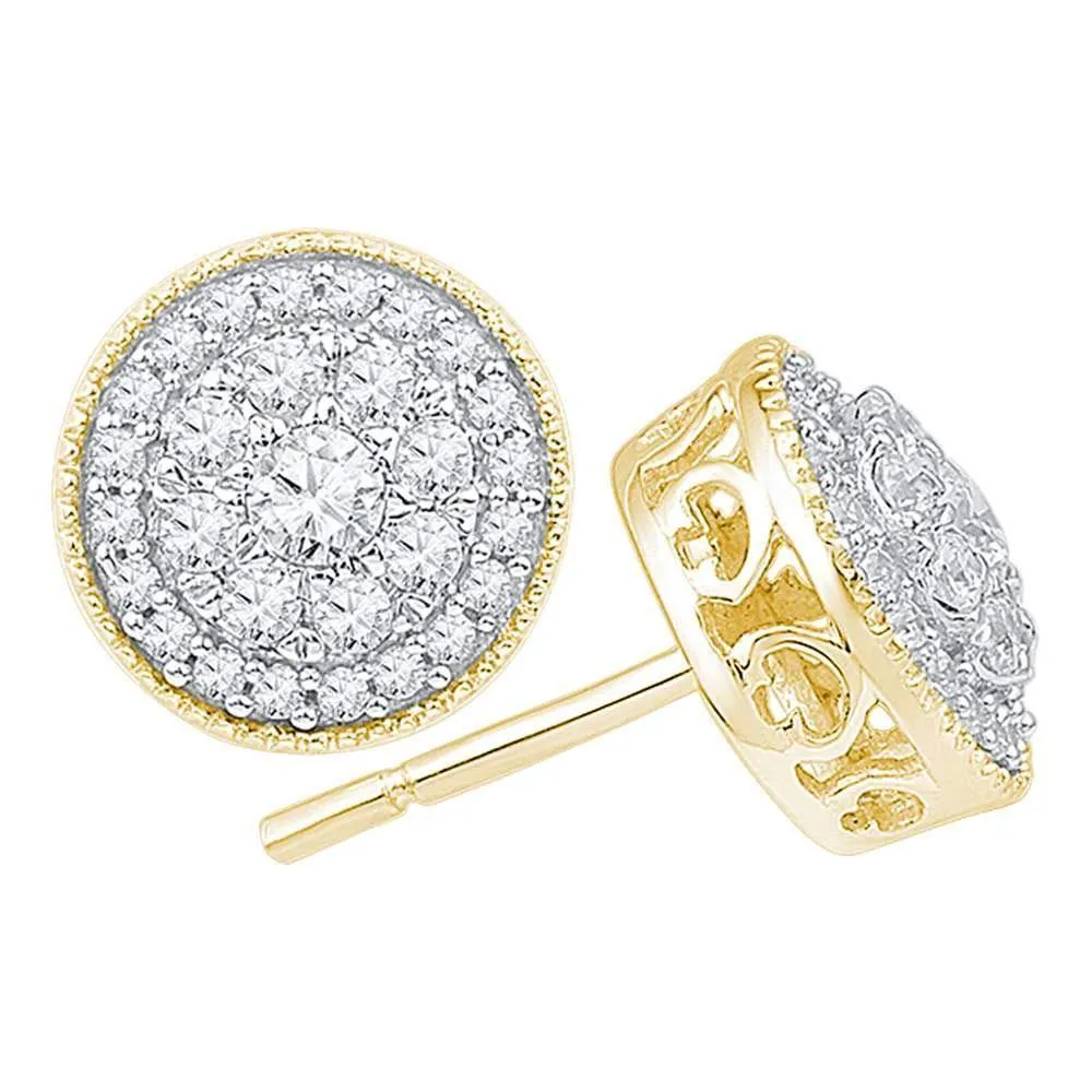 10K Yellow Gold Round Diamond Flower Cluster Earrings 1/2 Cttw