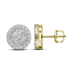 10K Yellow Gold Round Diamond Framed Flower Cluster Screwback Earrings 1.00 Cttw