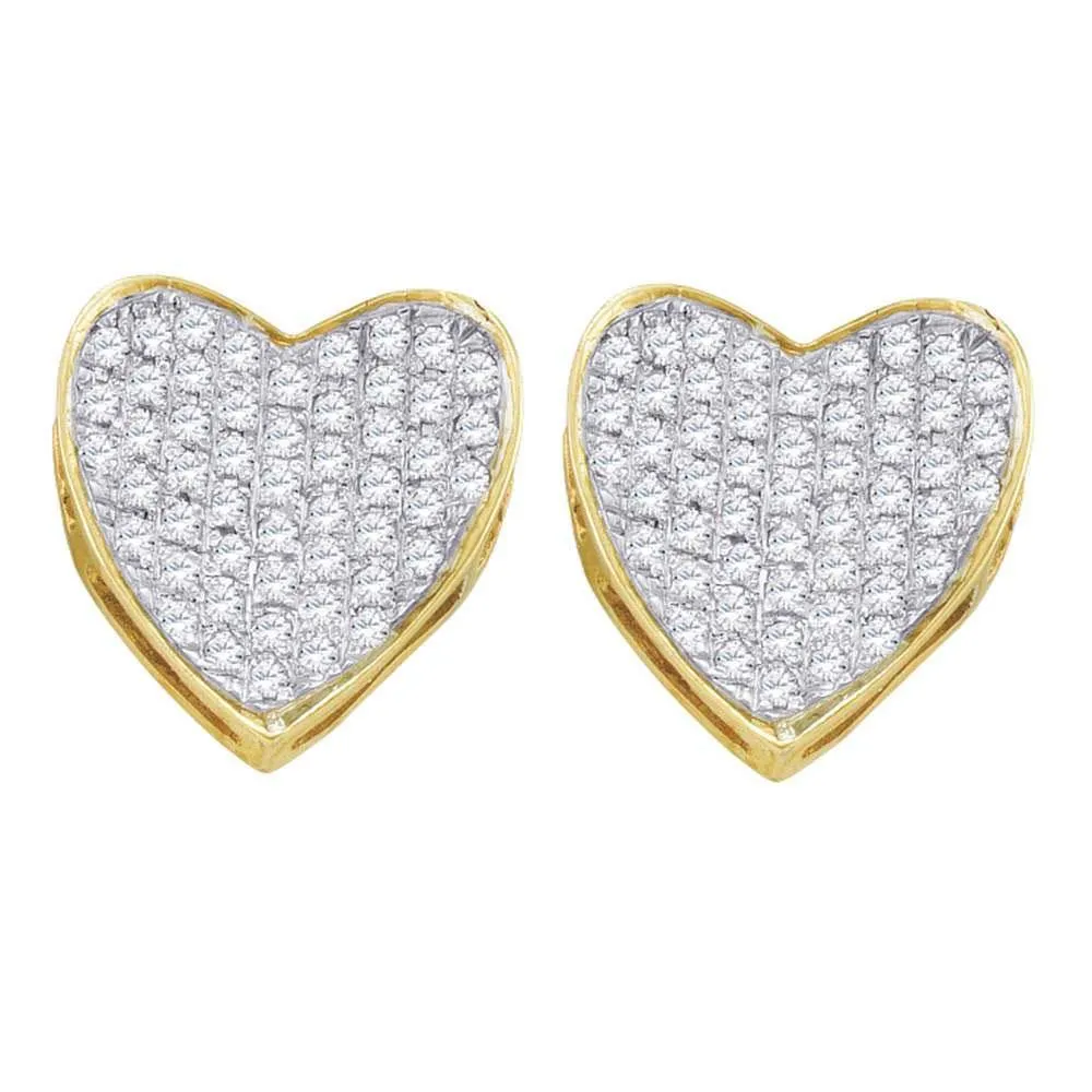 10K Yellow Gold Round Diamond Heart Cluster Earrings 1/3 Cttw