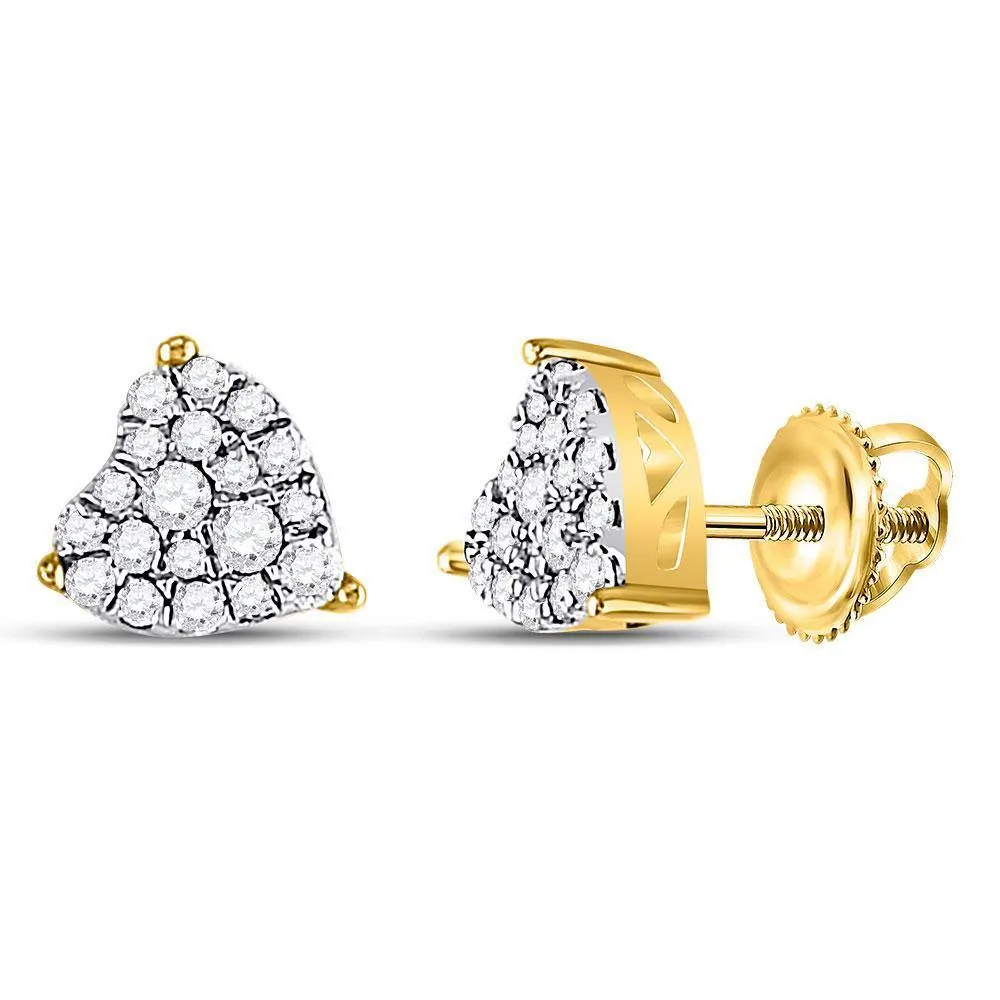 10K Yellow Gold Round Diamond Heart Cluster Earrings 1/4 Cttw
