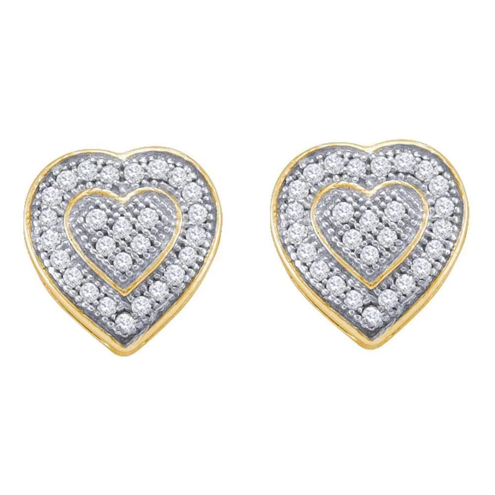 10K Yellow Gold Round Diamond Heart Cluster Earrings 1/6 Cttw