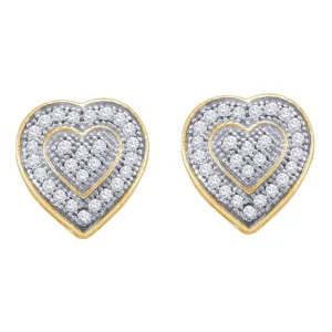 10K Yellow Gold Round Diamond Heart Cluster Earrings 1/6 Cttw