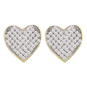 10K Yellow Gold Round Diamond Heart Cluster Screwback Earrings 1/10 Cttw