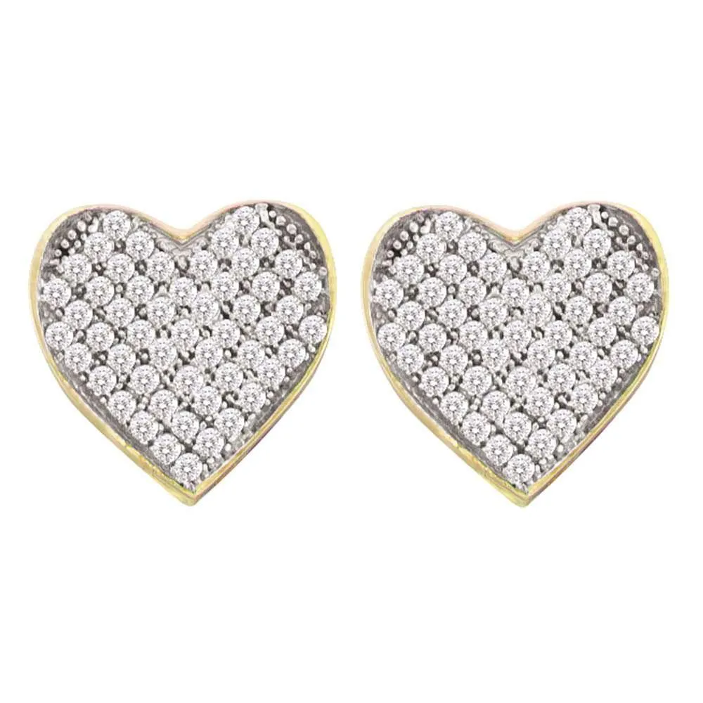 10K Yellow Gold Round Diamond Heart Cluster Screwback Earrings 1/10 Cttw