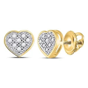 10K Yellow Gold Round Diamond Heart Cluster Screwback Earrings 1/20 Cttw