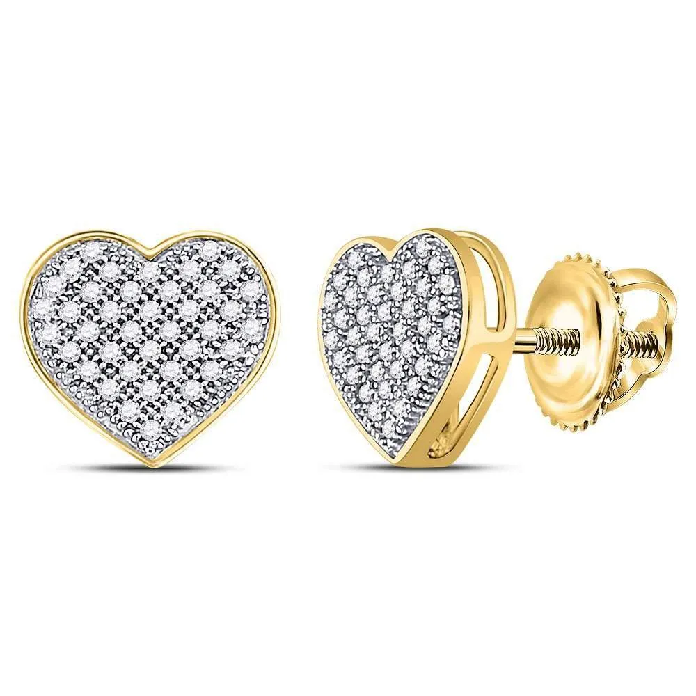 10K Yellow Gold Round Diamond Heart Cluster Screwback Earrings 1/5 Cttw
