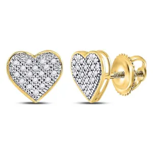10K Yellow Gold Round Diamond Heart Cluster Stud Earrings 1/10 Cttw