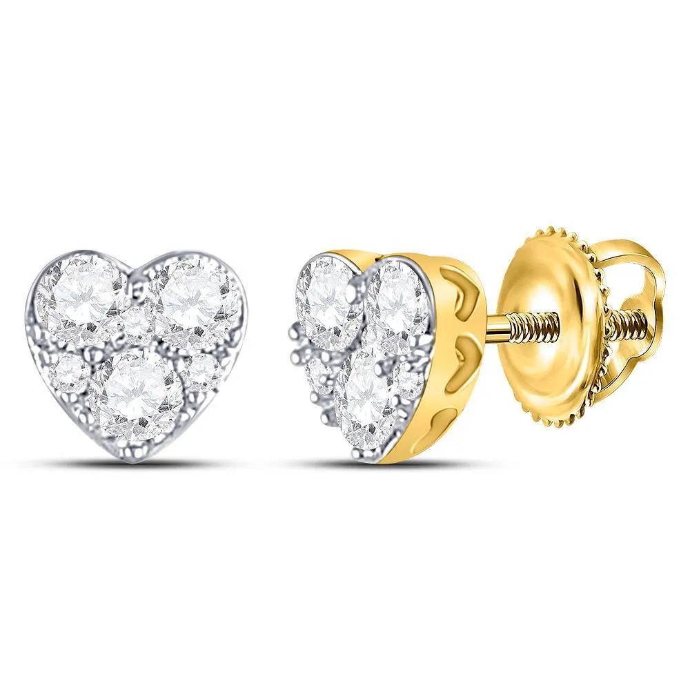 10K Yellow Gold Round Diamond Heart Cluster Stud Earrings 1/2 Cttw