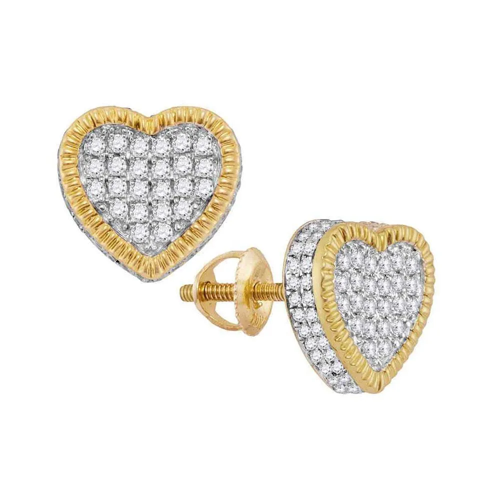 10K Yellow Gold Round Diamond Heart Fluted Cluster Stud Earrings 3/4 Cttw