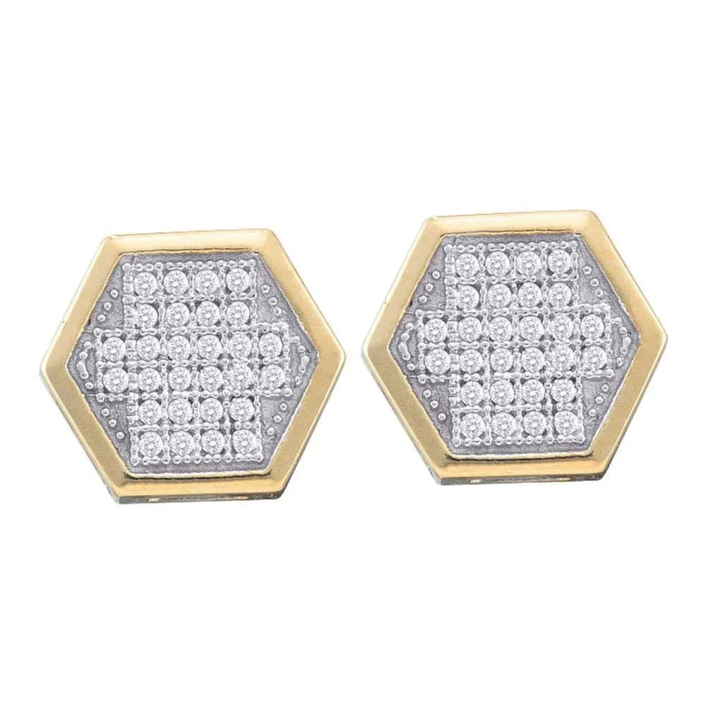 10K Yellow Gold Round Diamond Hexagon Cluster Earrings 1/5 Cttw