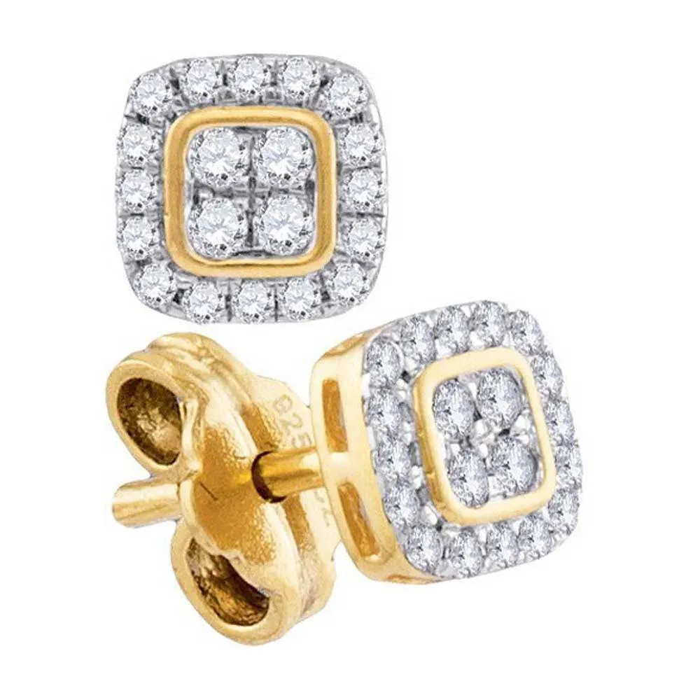 10K Yellow Gold Round Diamond Square Cluster Stud Earrings 1/5 Cttw