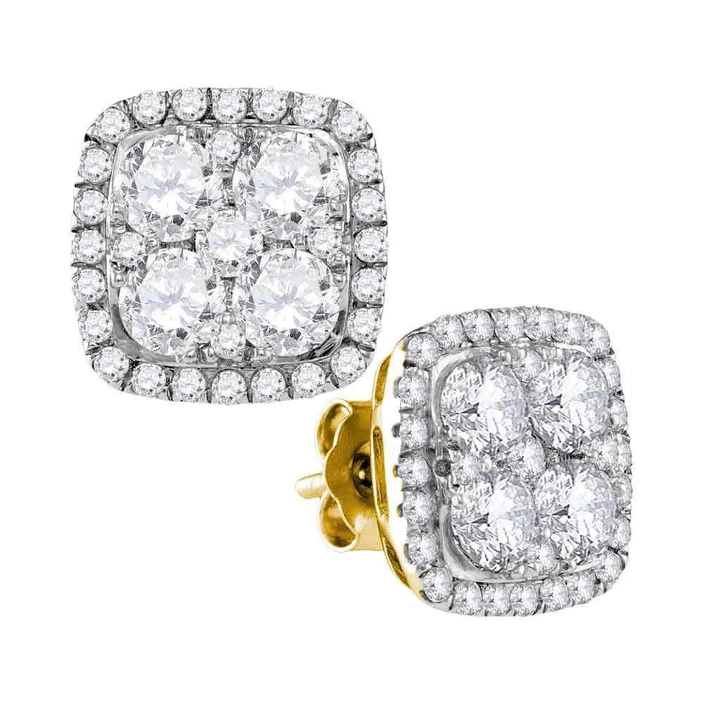 10K Yellow Gold Round Diamond Square Frame Cluster Earrings 2-5/8 Cttw