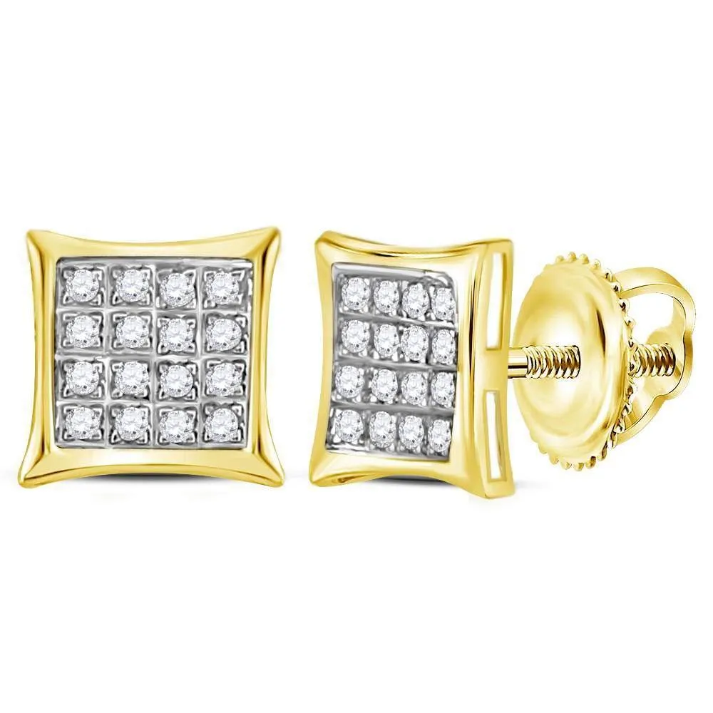 10K Yellow Gold Round Diamond Square Kite Cluster Stud Earrings 1/10 Cttw