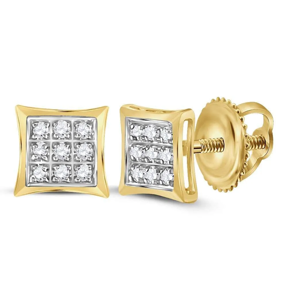 10K Yellow Gold Round Diamond Square Kite Cluster Stud Earrings 1/20 Cttw