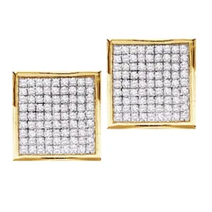 10K Yellow Gold Round Pave-set Diamond Square Cluster Earrings 1/2 Cttw
