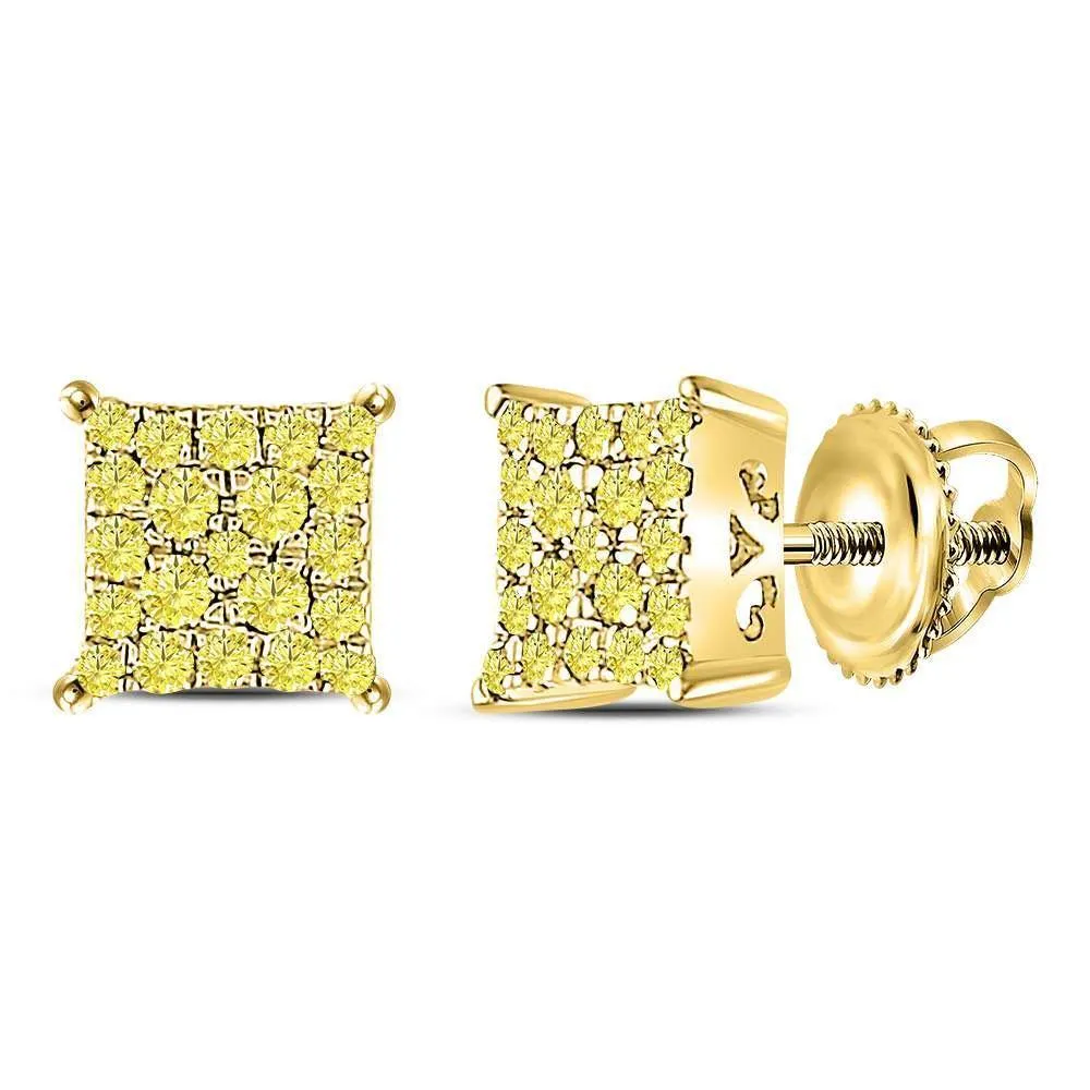 10K Yellow Gold Round Yellow Diamond Square Cluster Earrings 1/4 Cttw