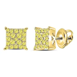 10K Yellow Gold Round Yellow Diamond Square Cluster Earrings 1/4 Cttw