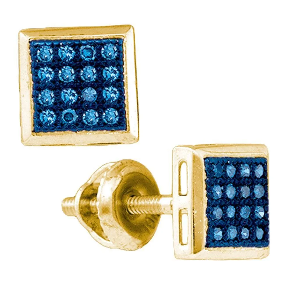 10k Yellow Gold Womens Blue Color Enhanced Diamond Square Cluster Screwback Stud Earrings 1/10 Cttw