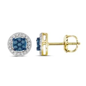 10k Yellow Gold Womens Round Blue Color Enhanced Diamond Cluster Stud Screwback Earrings 1/4 Cttw