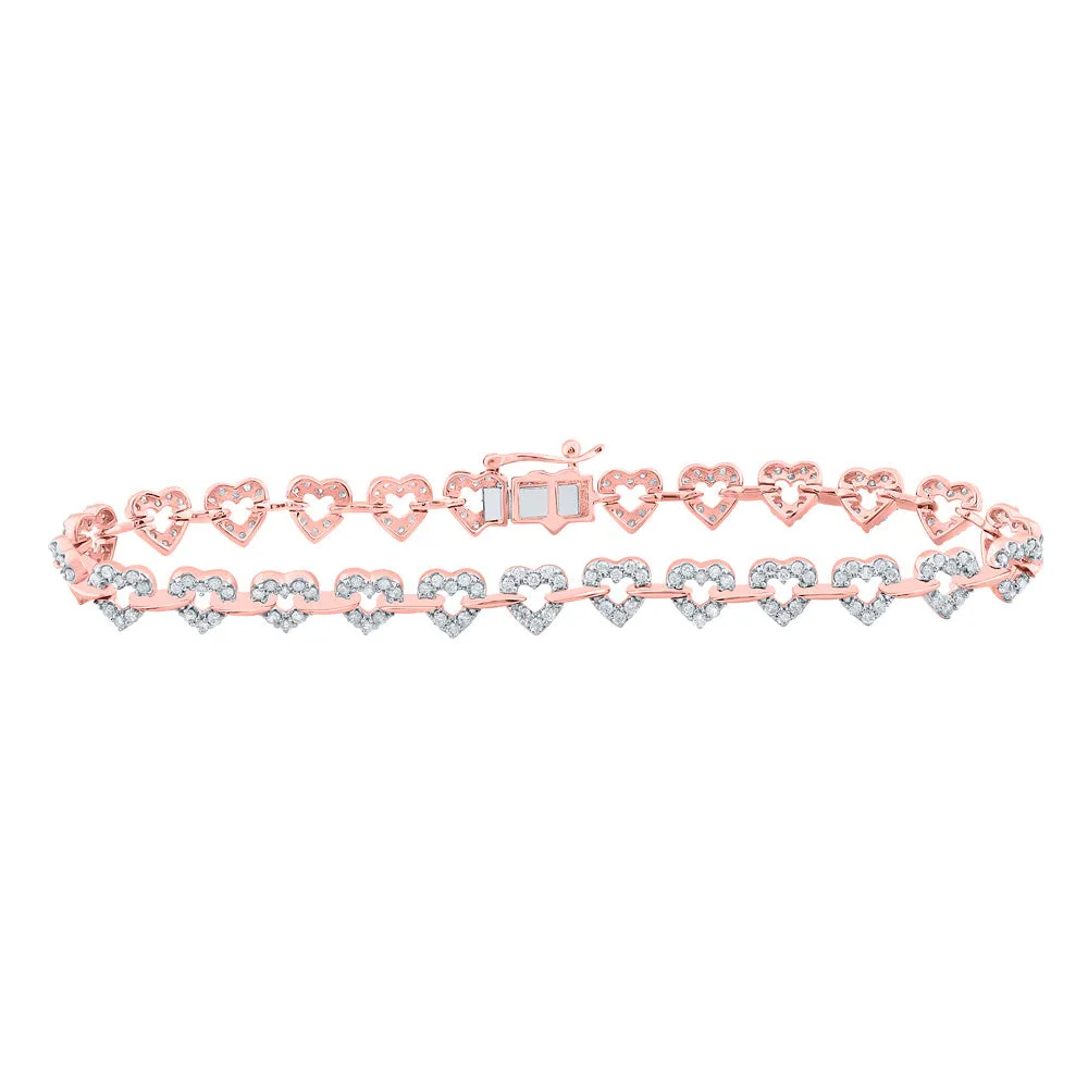 10kt Rose Gold Womens Round Diamond Heart Fashion Bracelet 1-3/8 Cttw
