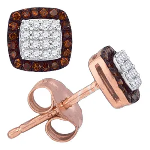 10kt Rose Gold Womens Round Red Color Enhanced Diamond Square Cluster Screwback Earrings 1/5 Cttw